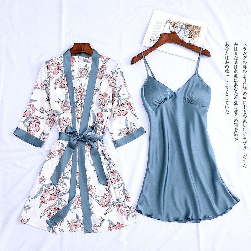 Summer Silk Sexy Printed Sling Pajamas Set Women's Nightgown Imitation Silk Nightgown Nightgown Two-piece Set for Hair