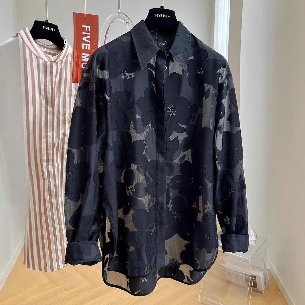 胖MM特大码300斤宽松遮肉透视花朵防晒衬衫女夏季休闲百搭薄衬衣2