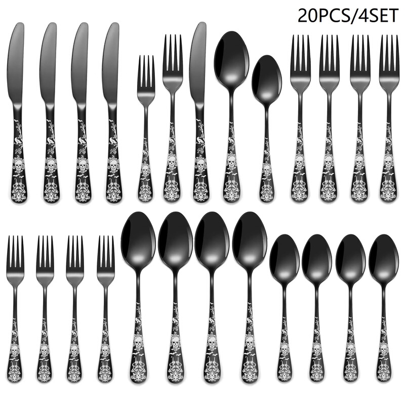20 pieces of skull pattern black silverware suit, suitable for 4 people, black tableware suit, Gothic unique