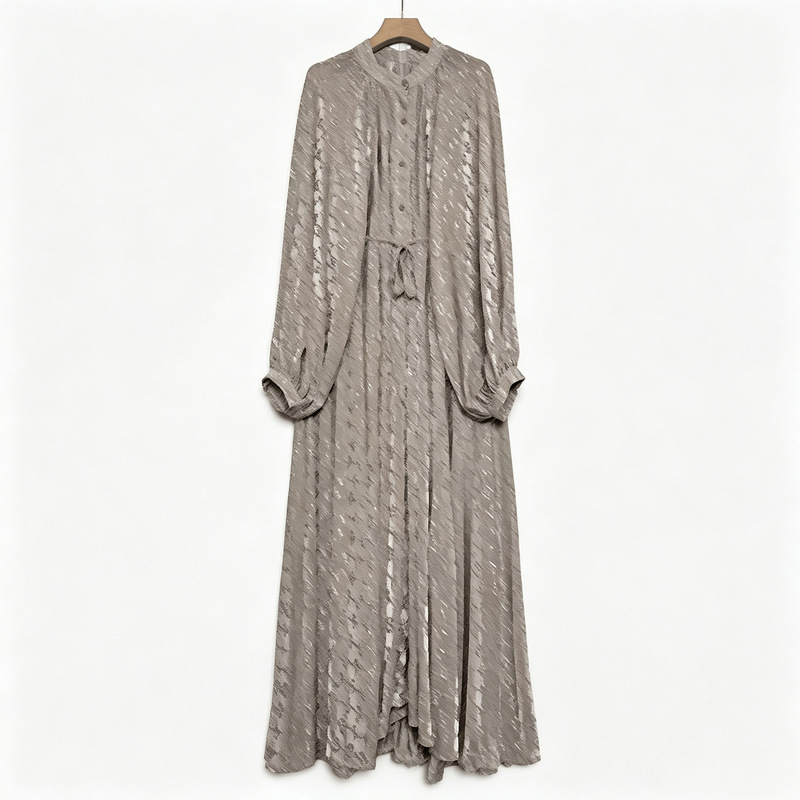 Round-neck lantern sleeve elegant women's long dress with ruffle hem design, luxurious extended length dress