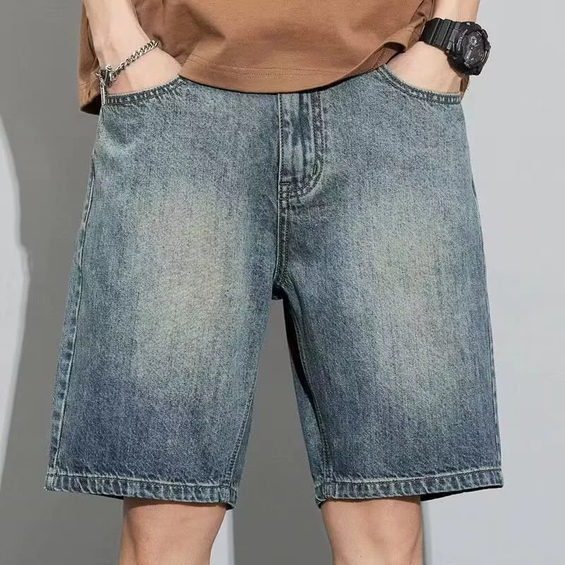 Летние джинсовые шорты мужские тонкие средней длины, повседневные карго-шорты, свободные прямые мужские потертые джинсы с пятью карманами