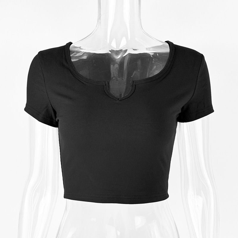 Camiseta de Verano 2025, Estilo Europeo y Americano, Nueva, para Mujer, de Algodón Puro, Acanalada, Ajustada, Corta, con Cuello en V, Manga Corta image 9