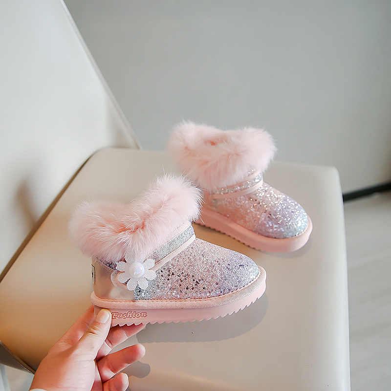 Botas de nieve de niñas 2025 invierno nuevo zapatos de algodón para niños chicas de moda botas cortas de lentejas con botas de algodón gruesas