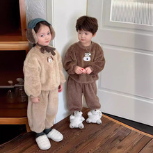 2023冬季新款韩版男女儿童家居服女宝宝法兰绒套装软绵绵保暖睡衣