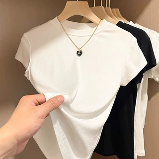 现货白色正肩短袖t恤2025夏季正肩内搭打底衫上衣女修身螺纹T恤