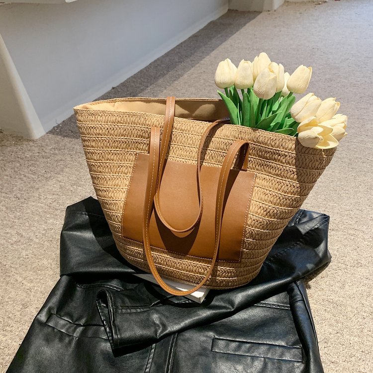 Large capacity tote new high-end single shoulder grass woven women's bag, portable seaside vacation beach bag_voghion.com