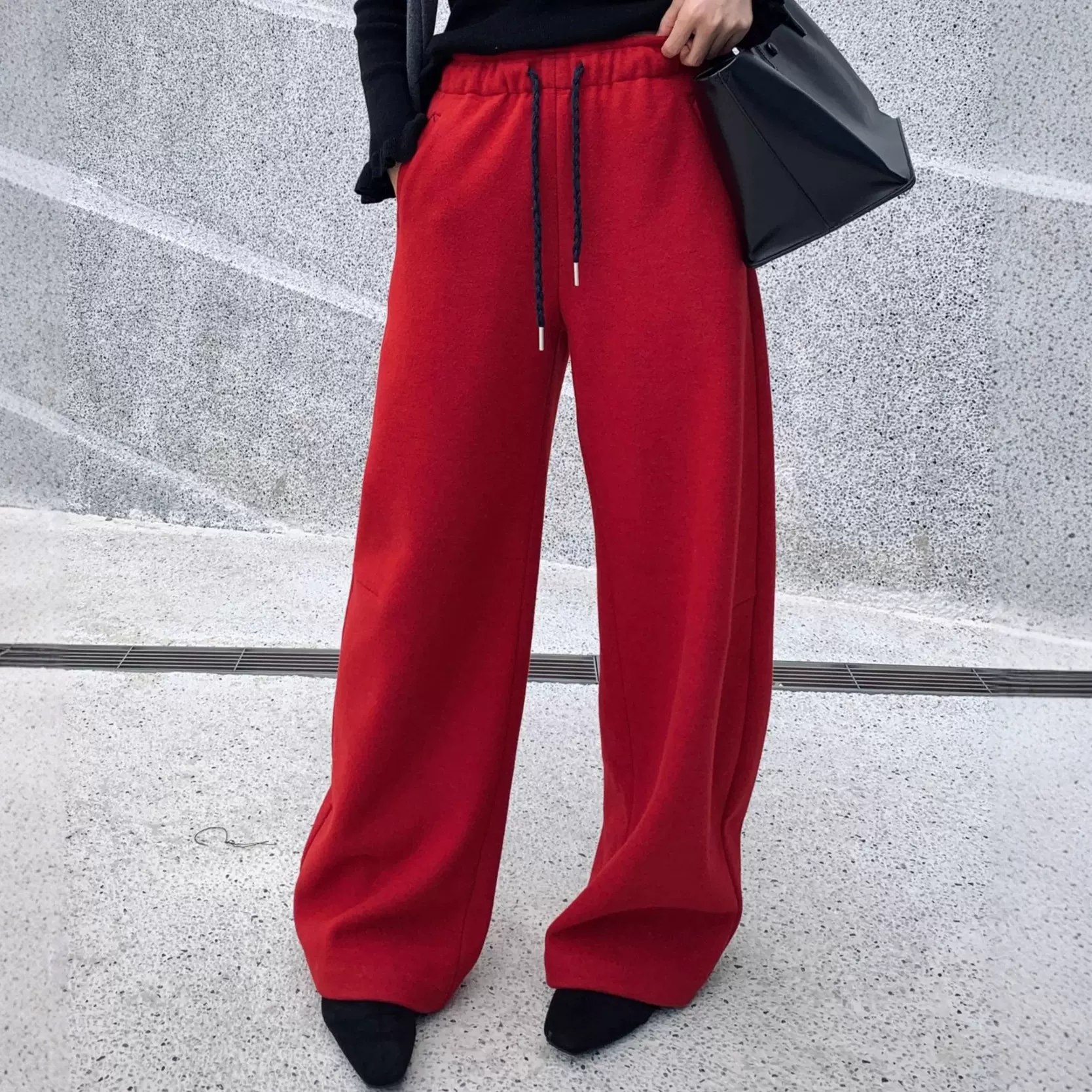 2025冬季新款加绒加厚中国红羊毛混纺毛呢长裤宽松显瘦休闲弯刀裤
