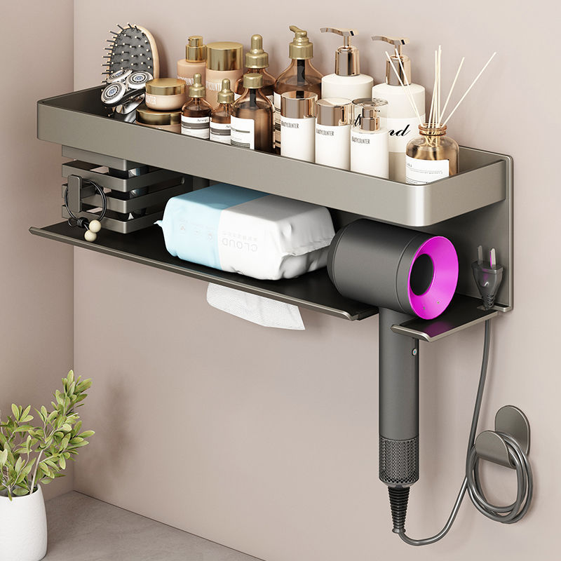 Bathroom Toothbrush Shelf Storage Rack Punch-Free Wall-Mounted Multi-Functional Hair Dryer Holder Face Towel Storage Rack