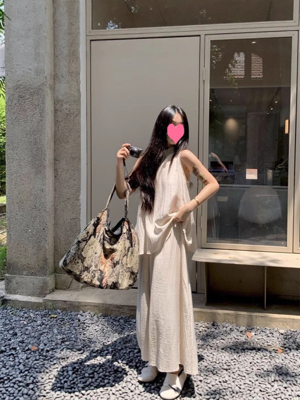 夏用ホルターネックハーフタートルネッククールスタイルノースリーブトップハイウエストワイドレッグハイエンドパンツとキュロット背の高い人向けのツーピースセット|undefined