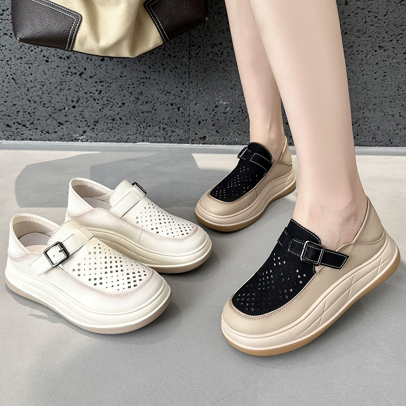 Сандалии женский 2024 новый ретро увеличен внутри полые женские туфли дикие кожаные маленькие белые туфли спортивные