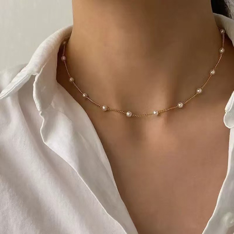 Amazon Cross-Border New Style Pearl Necklace Women's Delicate Chain Collarbone Chain French Vintage Minimalist Jewelry Women's Wholesale