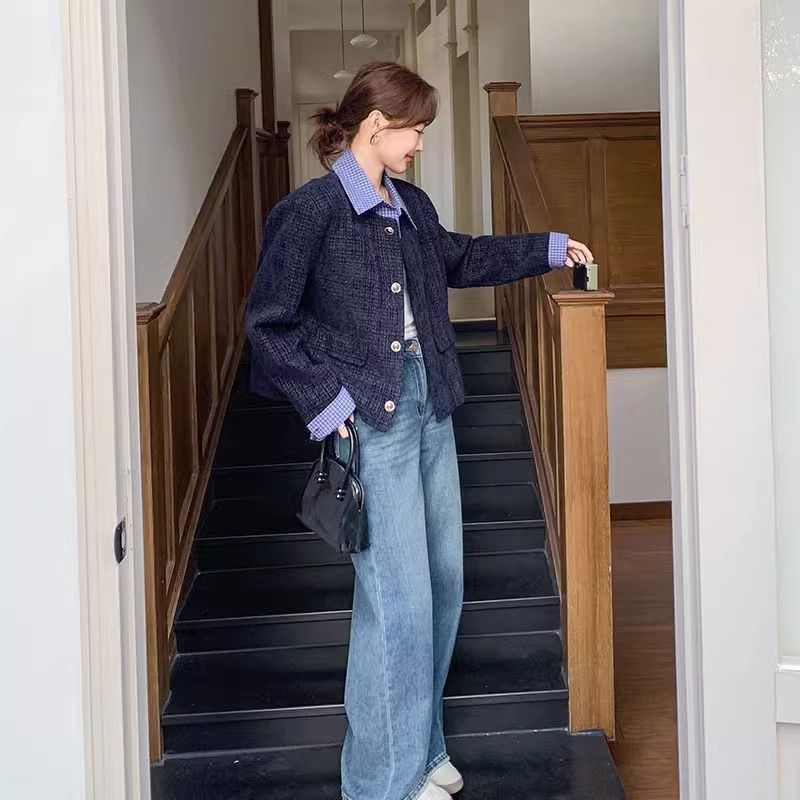 藏青色设计感格纹拼接小香风外套女2025早春新款时髦洋气设计上衣|undefined