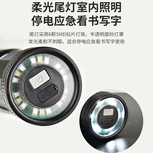 Cross-border strong light flashlight long-range white laser outdoor multi-functional telescopic zoom plastic flashlight tail lighting