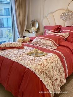 100-Count Wedding Long-Staple Cotton Four-Piece Set Red New Wedding Embroidered Flower Bedding Quilt Pure Cotton Wedding Bed Sheetss 1.8