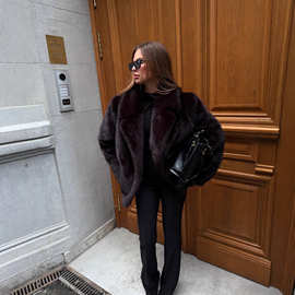 欧美俄罗斯跨境外贸批发人造狐狸毛皮草女时尚西装领毛毛外套大衣