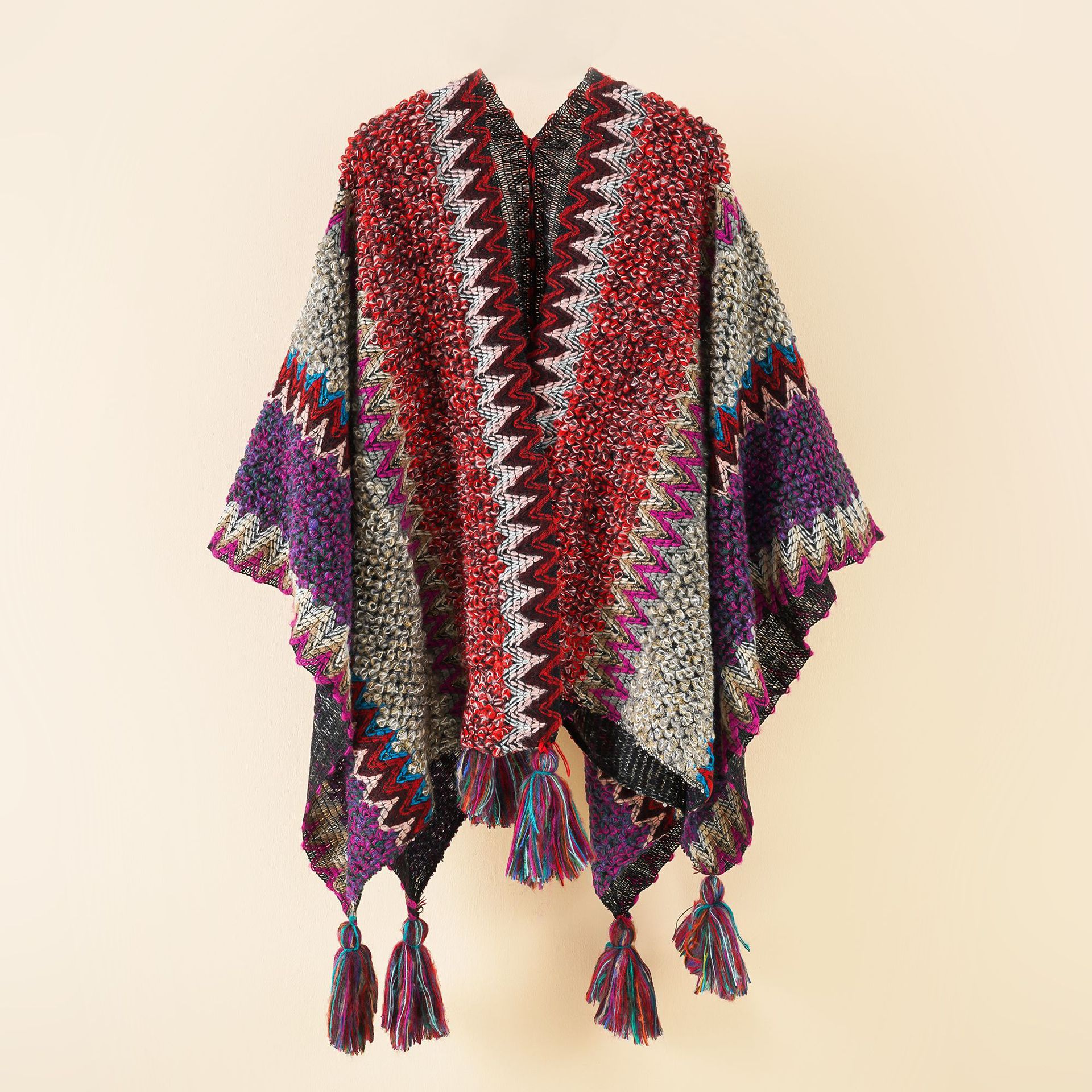 Invierno nuevo estilo tejido de moda estilo étnico color las mujeres juego borla costura mezclado tejido cálido invierno rojo chal