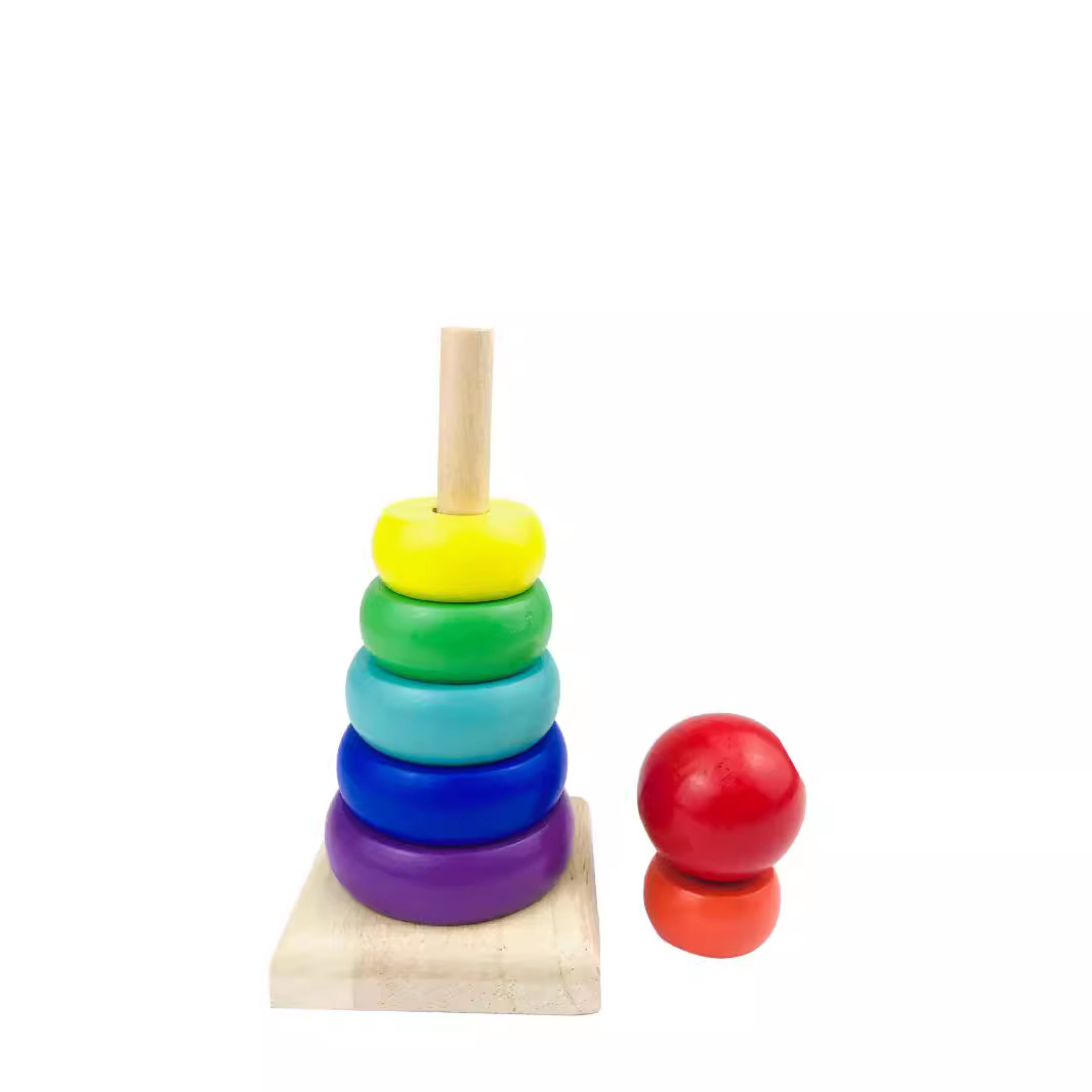 Juguetes educativos de madera para niños Torre de madera de siete colores conjunto Torre del arco iris apilado anillo bloques de construcción puesto Venta caliente al por mayor