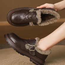 牛皮版~英伦复古毛毛小皮鞋秋冬新款百搭皮带扣粗跟单鞋女