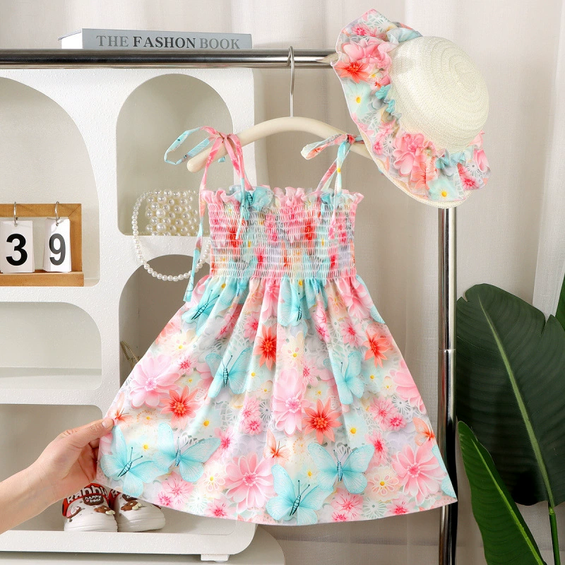 2025 модное платье для девочек с цветочным принтом, стильное летнее платье-принцесса без рукавов с тонкими бретелями для маленьких детей