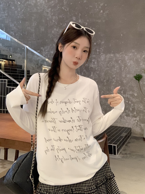 纯欲白色圆领休闲字母印花长袖T恤女2025秋季新款宽松慵懒风上衣|undefined