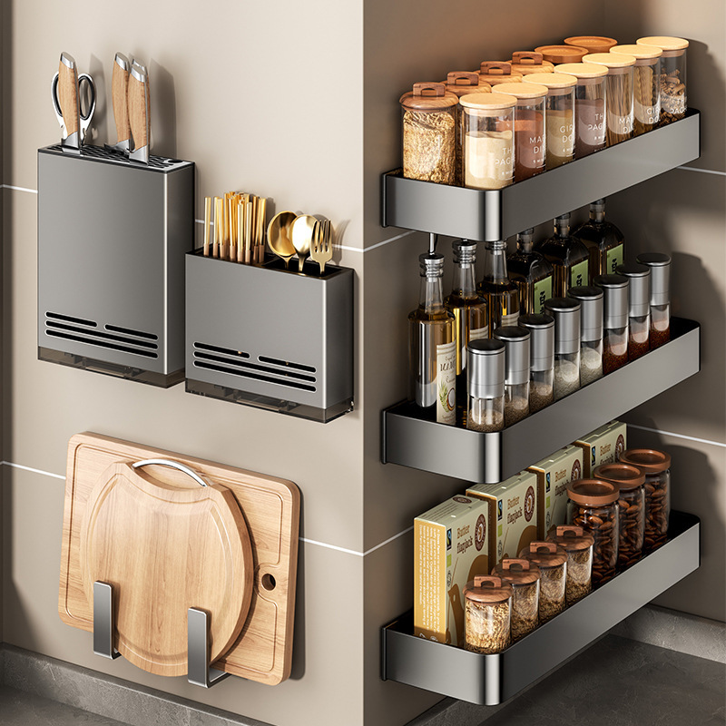 Kitchen seasoning rack wall-mounted punch-free multi-layer seasoning seasoning multi-functional Wall knife rack storage rack