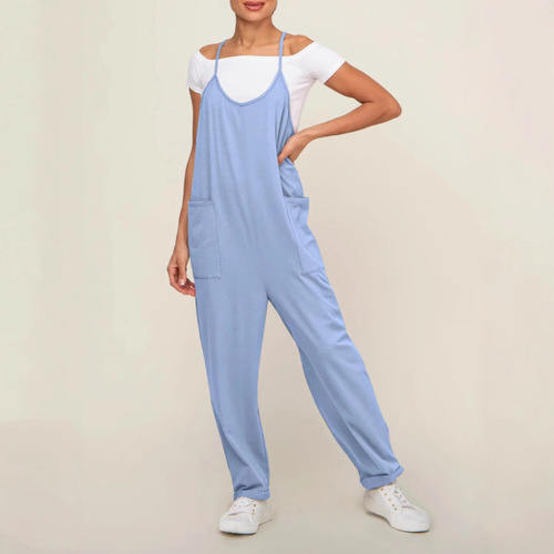 European and American fat buttocks women's pocket suspender adjustable buckle jumpsuit