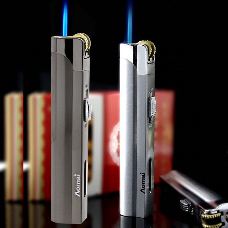 Creative Windproof Blue Flame Metal Personalized Grinding Wheel Slender Long Firepower Outdoor Inflatable Lighter Small Welding Gun