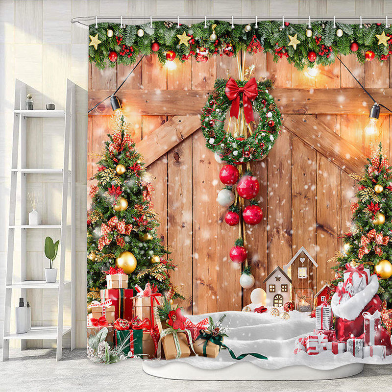 Farmhouse Christmas shower curtain, winter Christmas tree gift home decoration wooden barn door bathroom, Country Complex