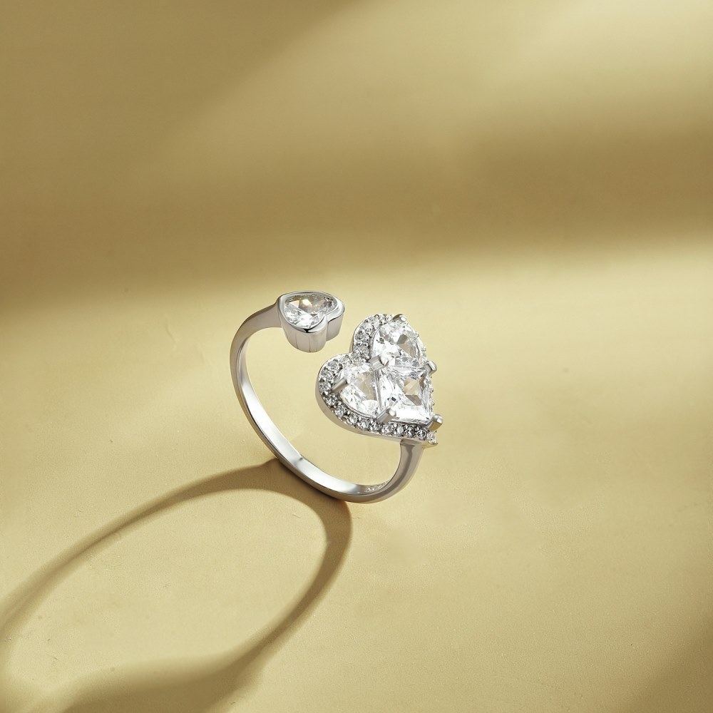 1 Piece Quantity Daily Occasion 925 Sterling Silver Material 925 Sterling Silver Zircon Heart Shape Open Ring