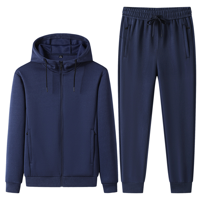 Traje deportivo de algodón transfronterizo para hombres primavera y otoño running cardigan con capuz, chaqueta, pantalones rectos, tamaño grande de dos piezas