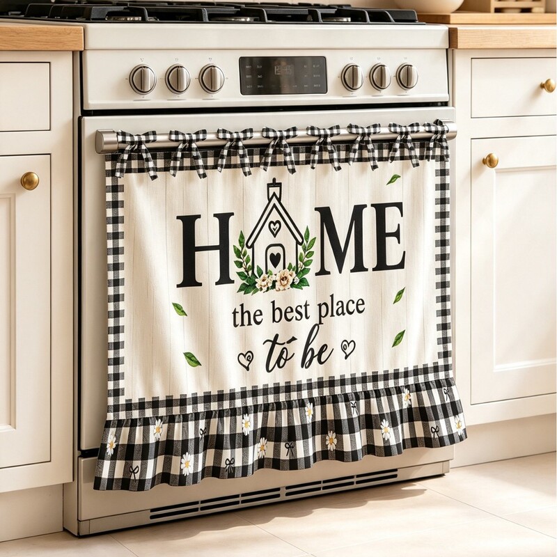 Amazon minimalist style home oven curtain black and white checkered rustic farmhouse tie-back oven curtain cabinet cover curtain