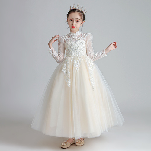 Girls' formal dress 2024 long-sleeved new style puffy lace flower children's wedding dress children's host piano performance performance suit 