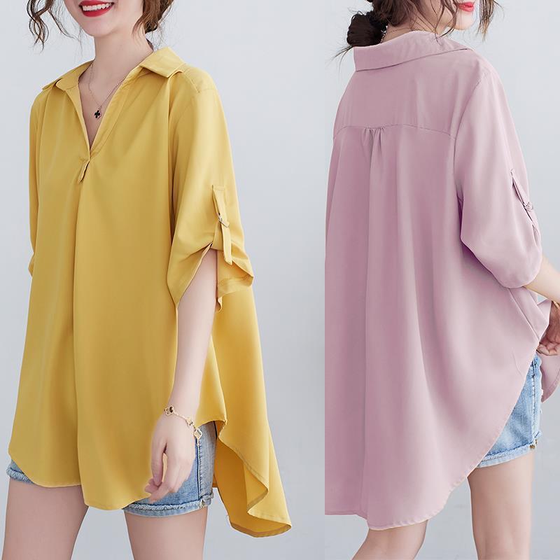 Chiffon Shirt for Women Summer 100kg Plus Size Korean Style Loose Fit Tummy-Concealing Waist-Cinching A-Line Shirt Plus Size Slimming Chiffon Shirt for Women Summer 100kg Plus Size Korean Style Loose Fit Tummy-Concealing Waist-Cinching A-Line Shirt Plus Size Slimming