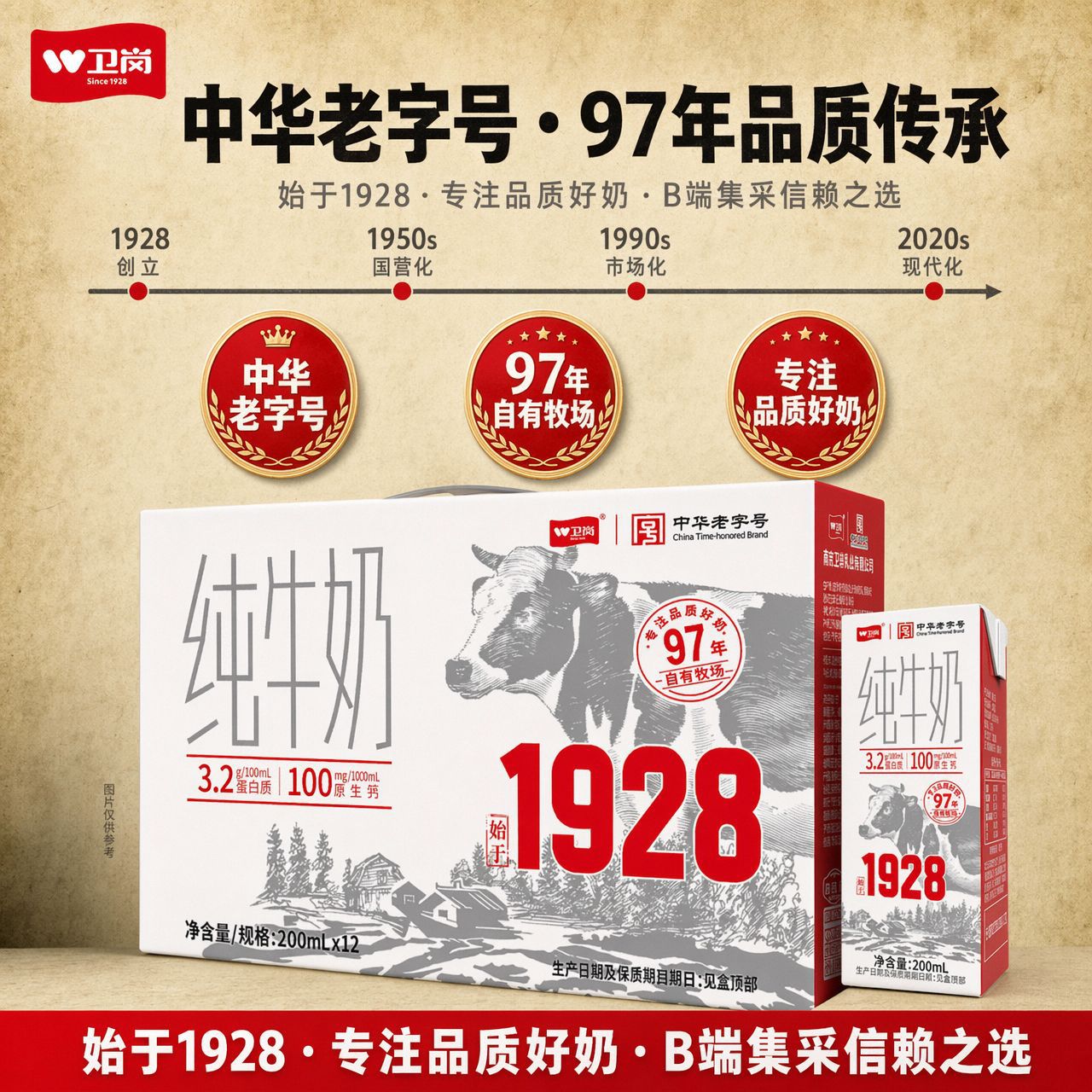 卫岗牛奶200mL24盒12盒全脂生牛乳咖啡奶茶店整箱批春节礼盒