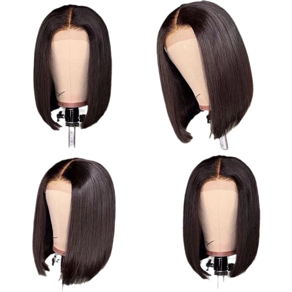 Parrucca corta bob in capelli umani con frontale in pizzo, onde morbide, sintetica, con clip, taglia media, texture liscia, copricapo per uso quotidiano_voghion.com