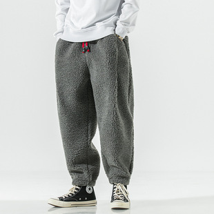 2023 Winter thickened men's casual Chinese style lamb wool warm trousers Japanese men's cotton pants plus size harem pants