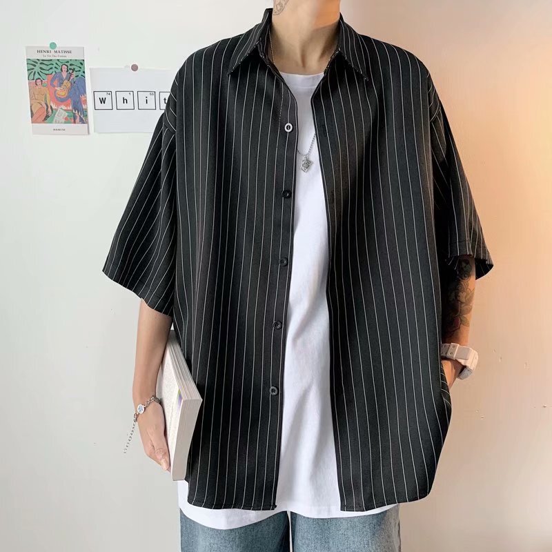 Summer Thin Ice Silk Striped Shirt Men's ins Hong Kong Style Men's Handsome Loose Shirt Fashionable Half Sleeve Jacket Summer Thin Ice Silk Striped Shirt Men's ins Hong Kong Style Men's Handsome Loose Shirt Fashionable Half Sleeve Jacket