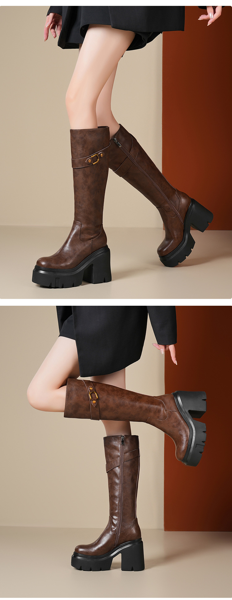 Boot nữ cổ cao ôm bắp chân khóa kéo đế dày gót cao — Lót nhung đen chi tiết 5
