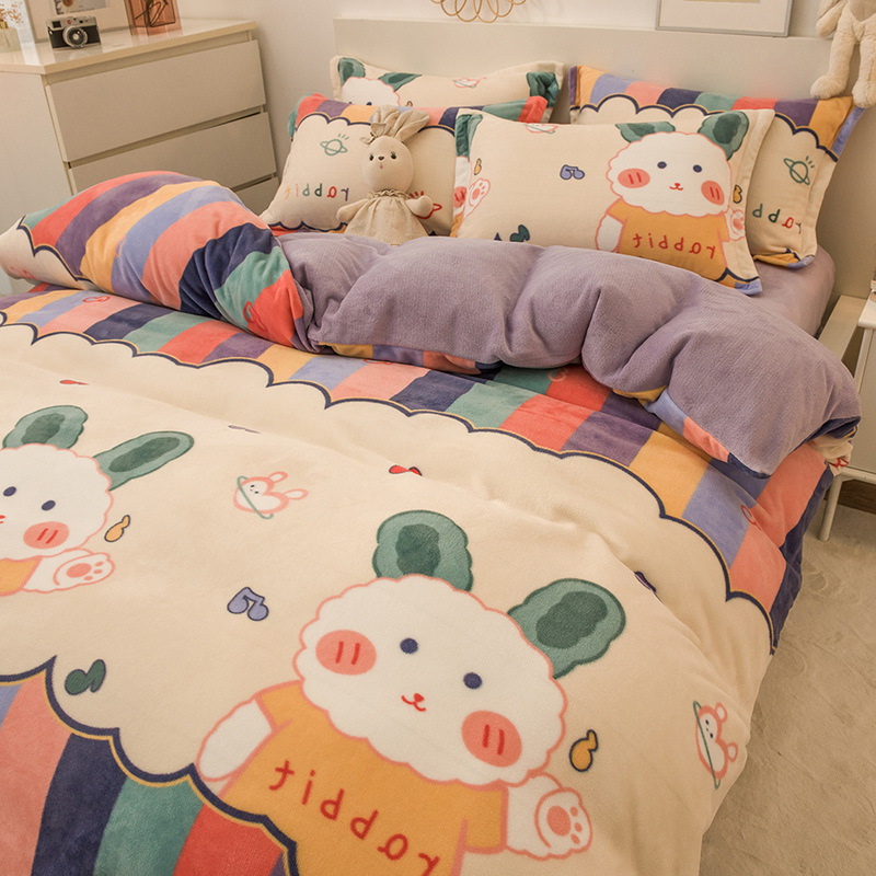 Invierno de coral cubierta de edredón de una sola pieza de invierno de peluche de doble cara de peluche de leche de cuatro piezas de cubierta de edredón de una sola persona engrosada