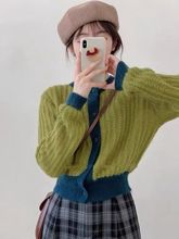 韓國東大門2022春季女裝新款小個子減齡撞色軟糯舒適針織開衫上衣