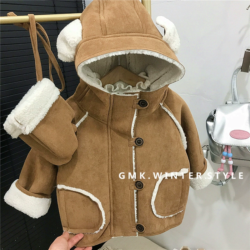 Пальто для девочек с капюшоном и ушками утеплённое комбинированное