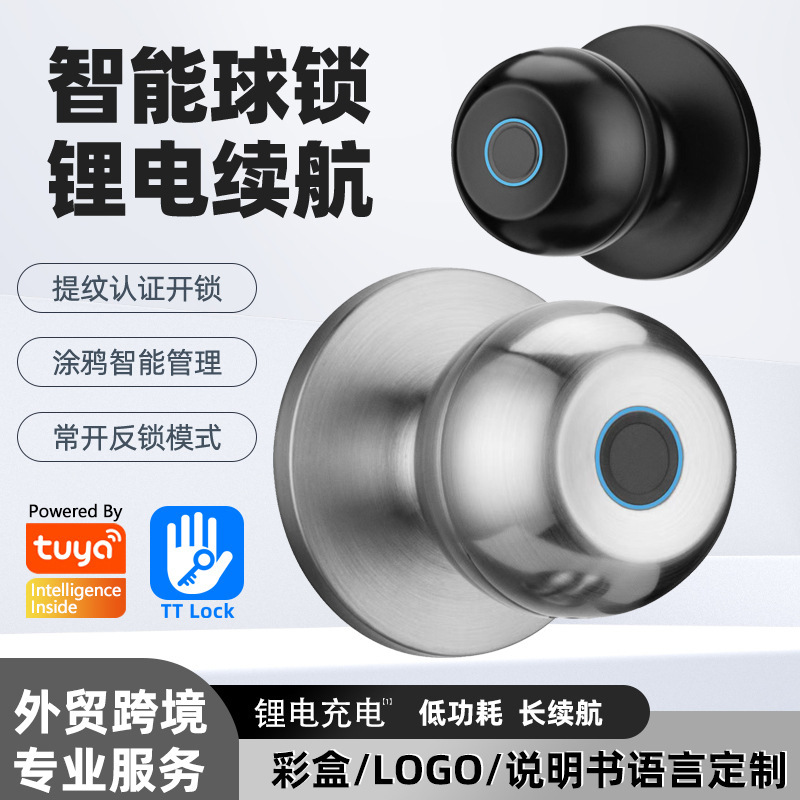 球形指纹锁TT-Loc Tuya智能门锁室内木门遥控三杆球锁