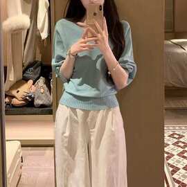 湖绿色领针织衫女春夏多巴胺百搭防晒薄款慵懒宽松打底衫上衣女