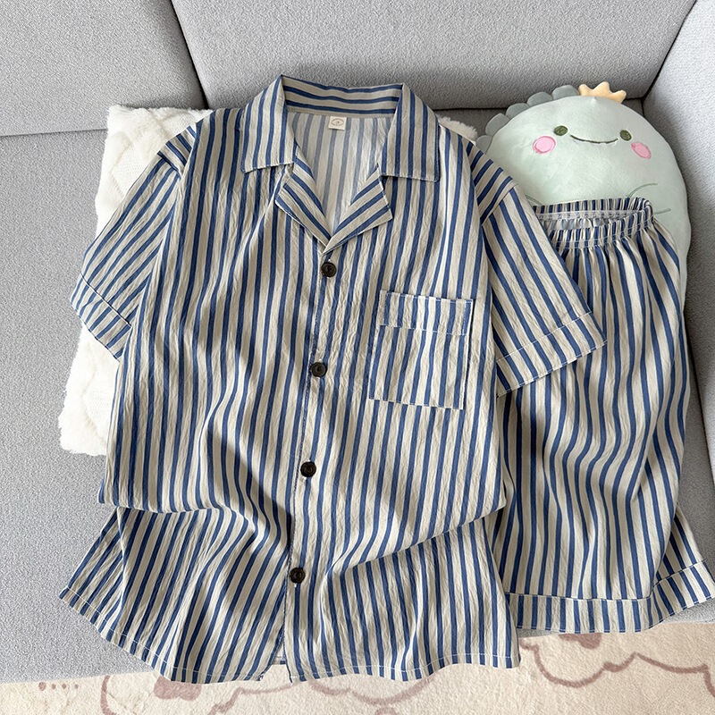 Men's Pajamas New Style Summer Simple Striped Cloud Cotton Loose Casual Home Wear Two-Piece Set Douyin Can Be Used for Dropshipping