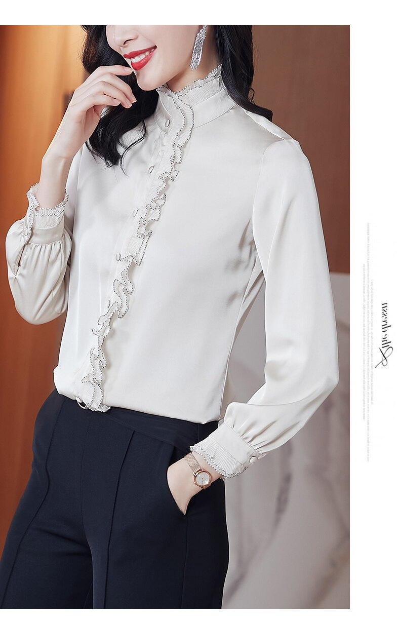 Satin chiffon stand-up collar, black ear-trimmed shirt for women, long-sleeved 2022 new Spring and autumn style, lace pic 22