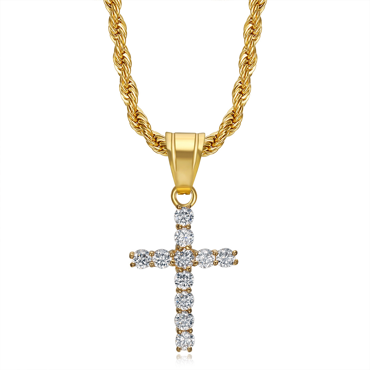Titanium Steel Chain Material Hip-Hop Cross Titanium Steel Plating Zircon 18K Gold Plated Men's