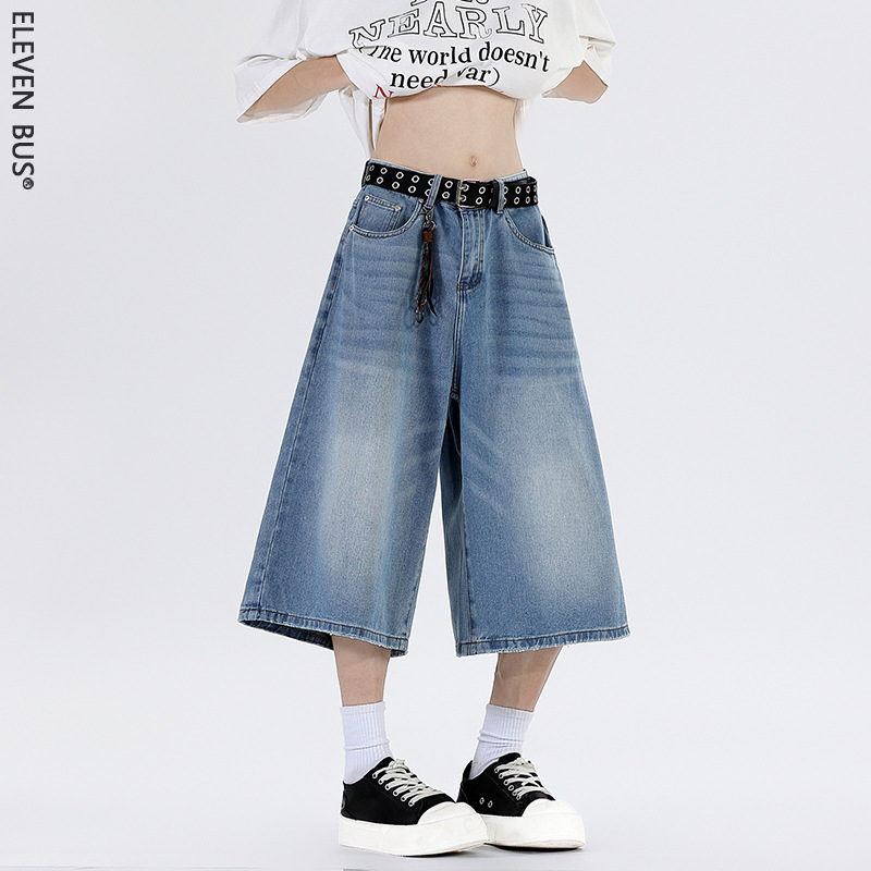 American Wide-Leg Cropped Denim Shorts for Men 2025 New Trendy Brand Fashion Loose Washed Straight Jeans for Men