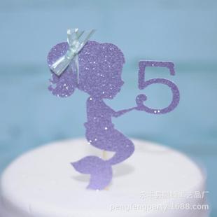 Glitter paper 5-year-old mermaid cake card insertion birthday party cake plug-in decoration bow decoration