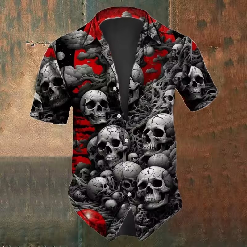 Personalidad Thriller Mist Skull 3D Impresión digital Camisa suelta de manga corta con solapa de botón de la calle de verano para hombres