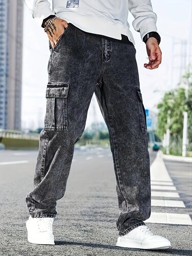 European and American style workwear autumn and winter jeans for men, loose stack feeling, multi-pocket casual long pants, trendy and fashionable street style